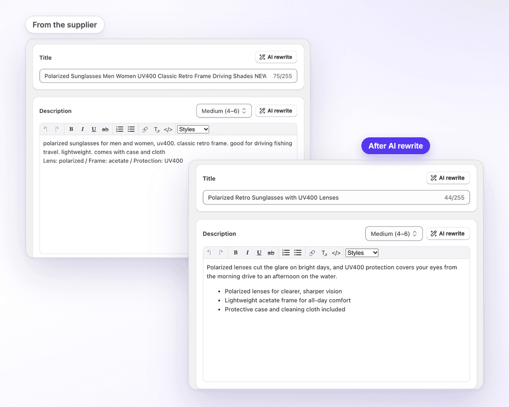 A supplier sunglasses title and description before and after the 1Click AI rewrite