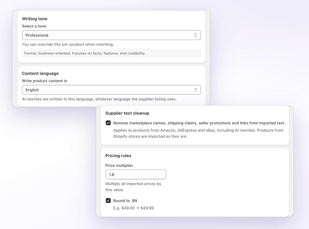 1Click settings for writing tone, content language, supplier text cleanup and a 1.8 price multiplier with .99 rounding