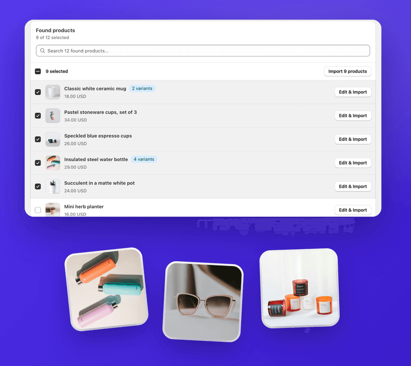 1Click showing 12 products found in a store collection, 9 selected and ready to import